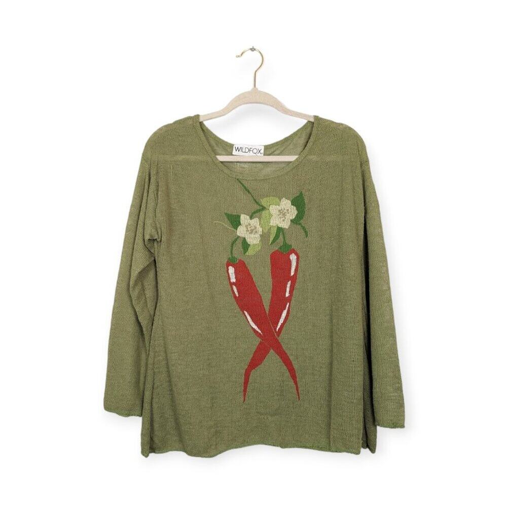 Wildfox Chili Pepper Sweater S Loose Knit Garden Graphic Casual Cozy Trendy